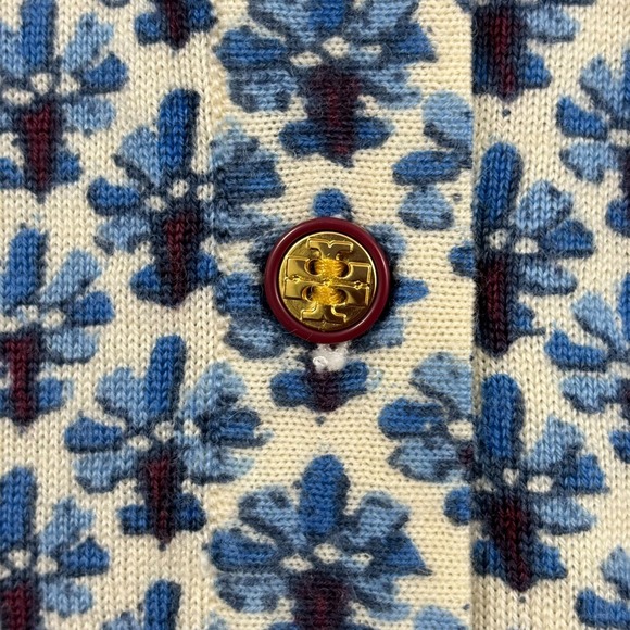 Tory Burch 100% Wool Cardigan Sweater Womens XS Blue Geometric Old Money Classic - Picture 7 of 16